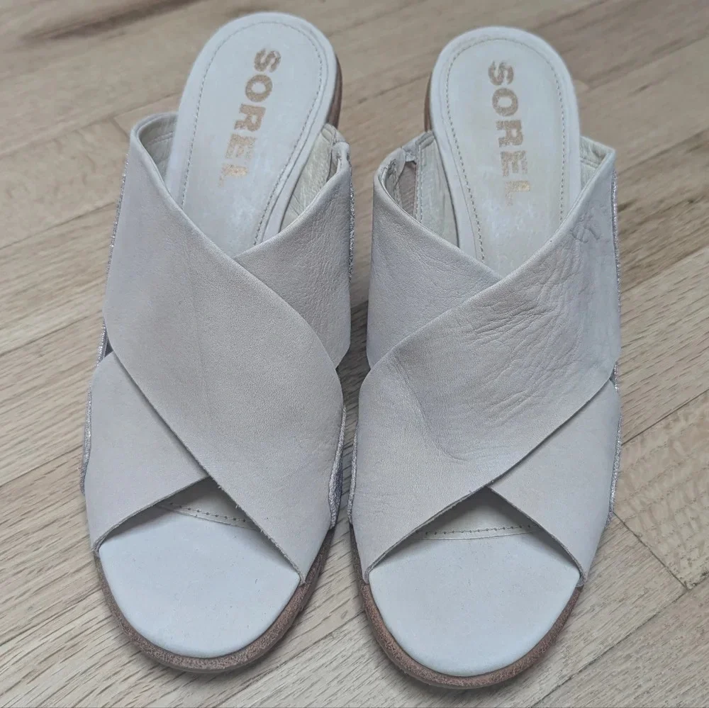 SOREL Nadia Heel Sandals Natural Tan Rose Gold Leather Mule Slides Size 9.5
